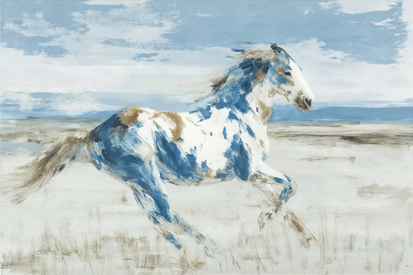 Pinto Horse Across the Plain — Blue and Beige Animal artwork