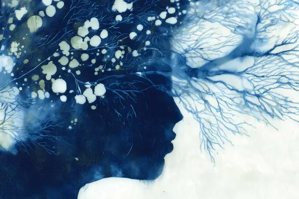 Blue Profile Face With Branches — Indigo Figurative artwork