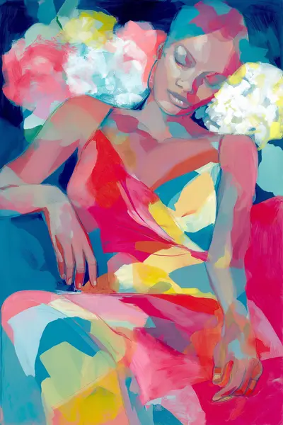 Reclining Woman with Flowers — Colorful Figurative artwork